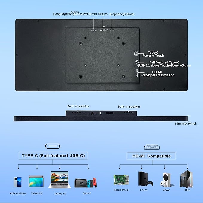 wisecoco 12.3 Inch Touch Screen Monitor IPS 1920x720 Stretched Bar LCD CNC Shell Mini Secondary Screen Portable Display HDMI for Laptop PC Temperature Aida64 GPU CPU RAM Monitoring