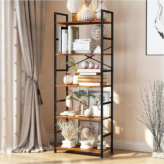 5-Tier Tall Bookcase, Rustic Wood and Metal Standing Bookshelf, Industrial Vintage Book Shelf Unit, Open Back Modern Office Bookcases