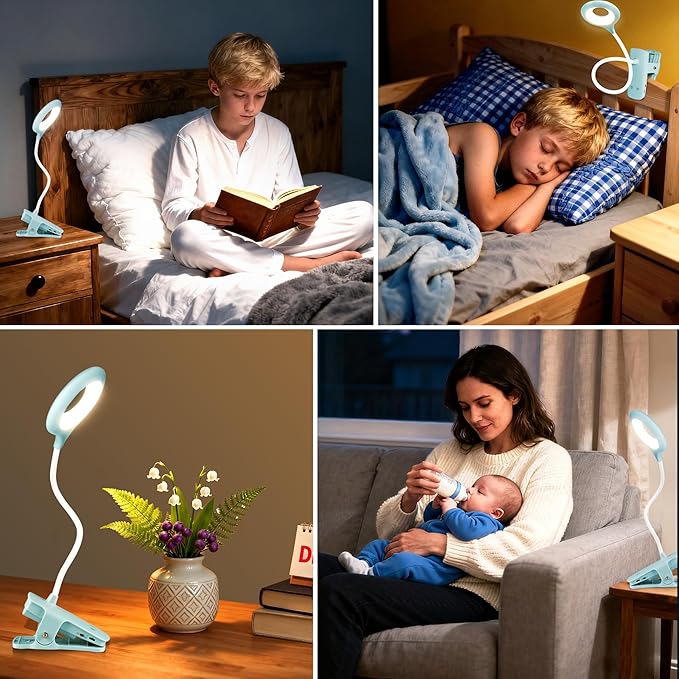 Akynite Desk Lamp LED Clip on Light, 5 Modes 5 Brightness Dimmable Clamp Light, Rechargeable Battery Flexible Clip on Reading Lamp for Bed Headboard Bunk Bed at Night for Kids (Blue)