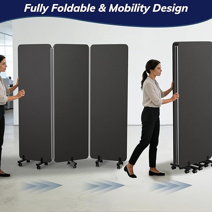 3 Panel Foldable Office Partitions, Mobile Cubicle Wall with Wheels, 71 x 66 Inch Noise Cancelling & Sound Proof Room Dividers Partition Wall, Aluminum Frame Dark Gray