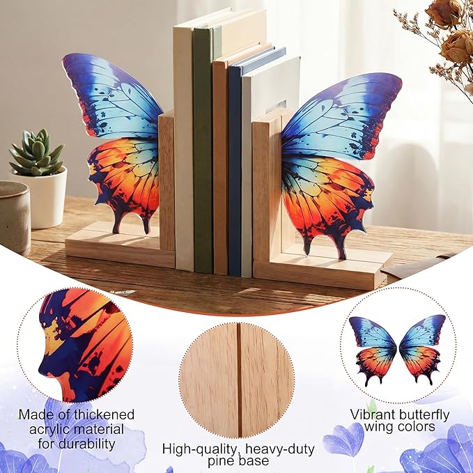Decorative Butterfly Bookends Wooden Acrylic Butterflys Bookend Modern Bookshelf Decor Accent Book Stopper Decor for Home Farmhouse Shelves Office Lover Gift(Aglais Butterfly)