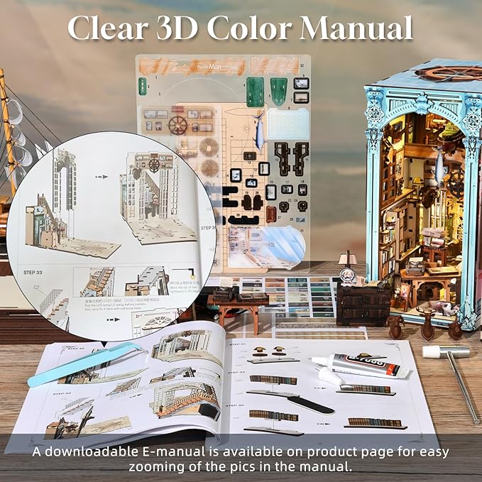 MiniCity Book Nook Kit, DIY Dollhouse Booknook, Book Nook Miniature Kit for Bookshelf Insert Decor Crafts for Adults Teen Halloween, 3D Wooden Puzzle with Led Light (Hemingway House)