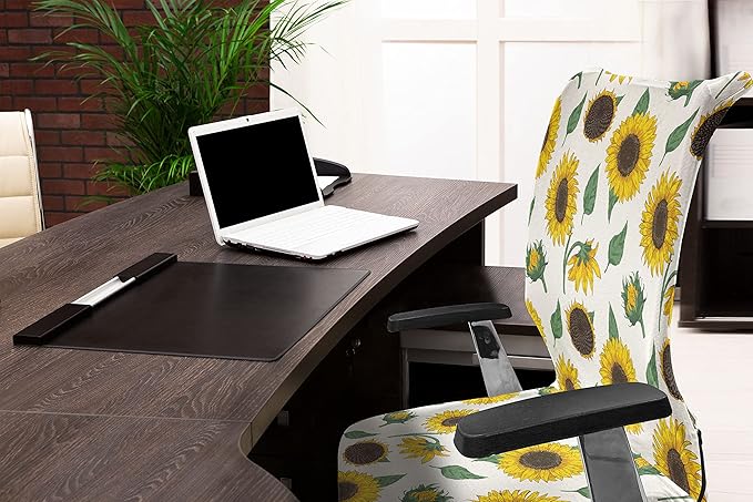 Ambesonne Sunflower Office Chair Cover, Agricultural Pattern Botanical Inspiration Hand-Drawn Flowers, Stretchable Decorative Universal Size High Back Printed Slipcover, Green Brown