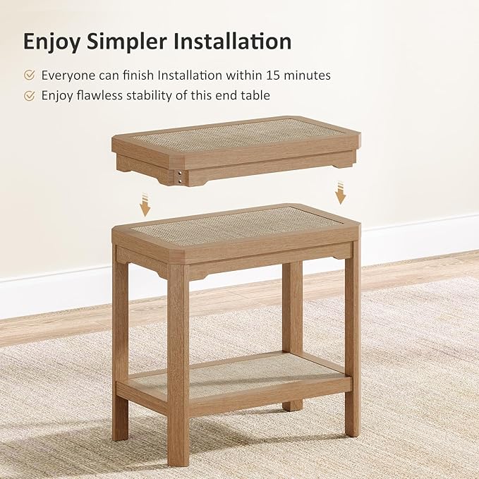 Eclatara Rattan Night Stand Set of 2 - Farmhouse 2 Tier End Table for Bedroomoom - Accent Side Table wtih Open Storage Shelves for Small Space Narrow Coffee Table Bamboo, Natural Oak
