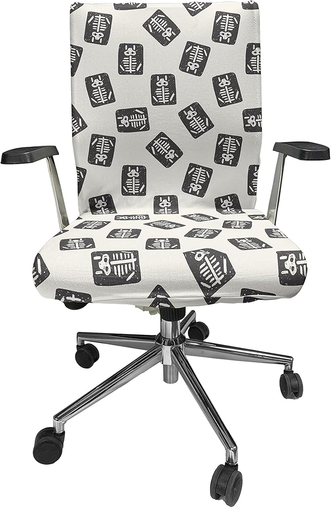 Ambesonne Cartoon Office Chair Cover, Xray Part of an Abstract Skeleton Image in Repetitive Grunge Pattern, Stretchable Decorative Universal Size High Back Printed Slipcover, Ivory Charcoal