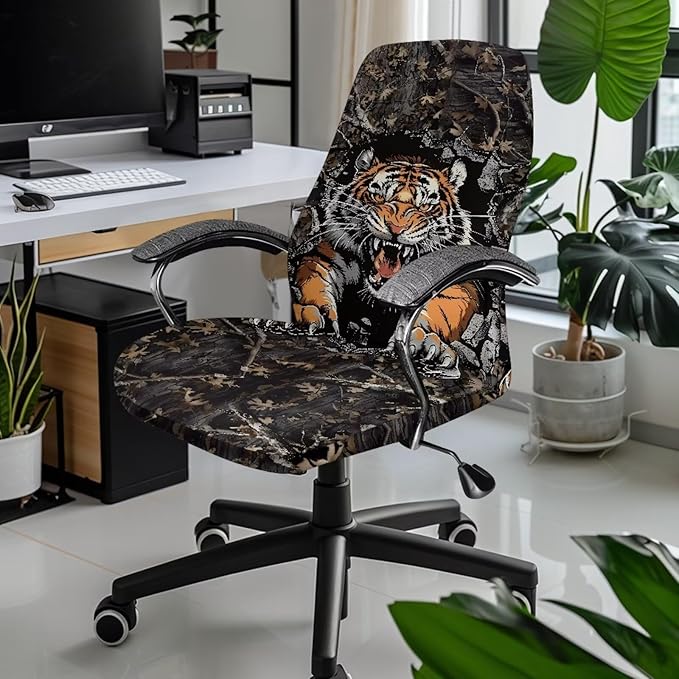 Talayituse Tiger Camo Print Water Resistant Stretch Computer Office Chair Cover Universal Removable Rotating Boss Chair Slipcovers Anti-dust Soft Desk Chair Seat Protector for Dogs Cats Pets, L