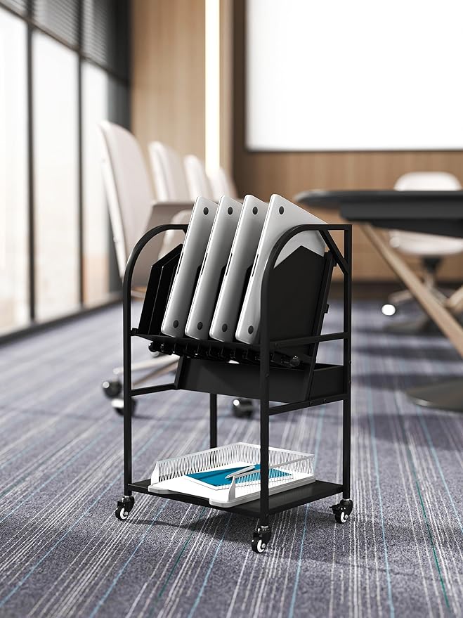 Laptop Charging Station 10-Device Rolling Open Charging Cart for Laptops Tablets Chromebooks Laptop Storage Rack with Removable Dividers Lockable Wheels for Office Classroom Library