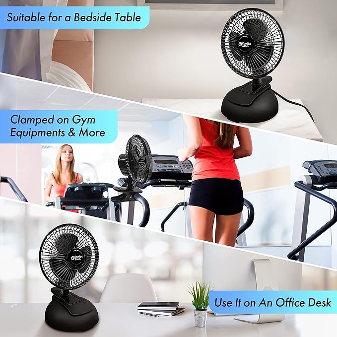 Comfort Zone CZ6XMBK 6” 2-Speed Combo Clip or Desk Fan with Removable Base, Strong Clamp for Firm Grip, Suitable for Bedroom, Office, or Dorm Room, Black