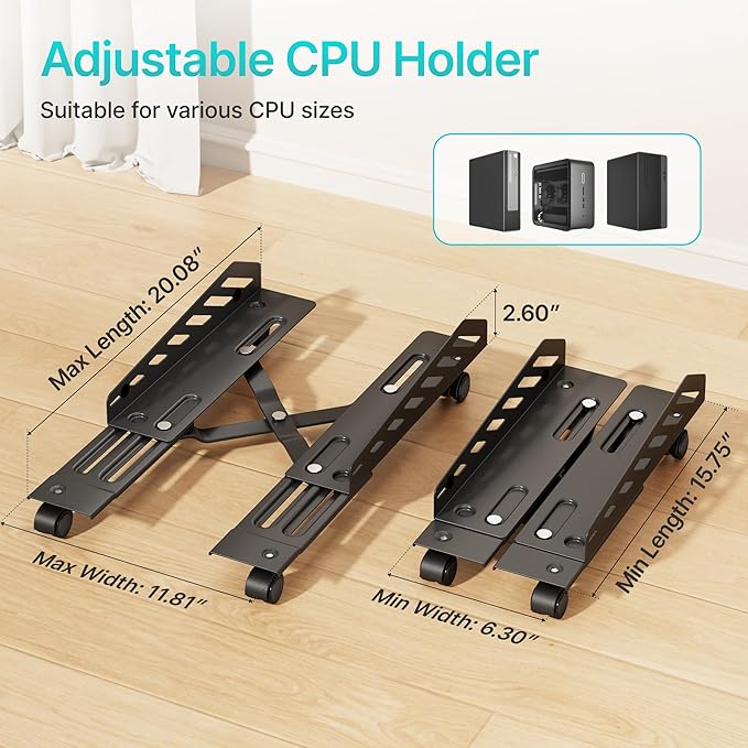 PEGZONE Adjustable PC Stand for Floor(400-510mm D, 160-300mm W), PC Tower Stand with 4 Caster Wheels, Ventilated Under Desk CPU Cart Holder for Office, Gamers, Black