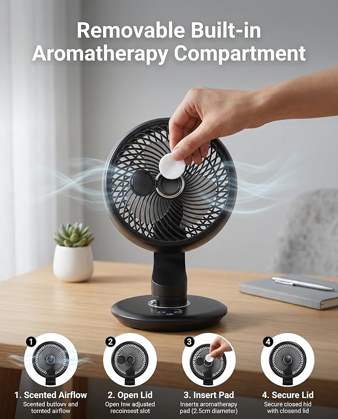 Desk Fan for Office, Rechargeable Air Circulator Fan for Bedroom Cooling, Ultra Quiet Battery Powered Table Fan, 5 Speeds, 9H Timer & 120°Oscillating Smart Portable Fan for Dorm, Home, Kitchen
