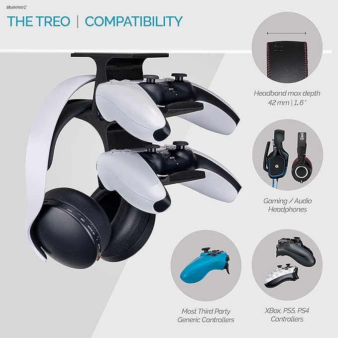The Treo - Under Desk / Shelf Dual Gamepad Controller & Headphone Hanger Holder Stand - Designed for Xbox ONE, PS4, PS3, PS5, Dualshock, DualSense, Switch, PC, Steelseries, Steam & More, by Brainwavz