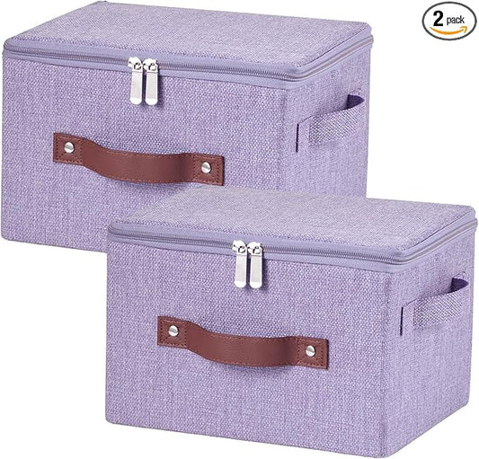2 Pack Storage Bins with Zipper Lid Cotton Linen Fabric Lidded Storage Baskets Boxes Foldable Washable Closet Shelf Clothes Organizer Container with PU Leather Handles (Purple, Small)