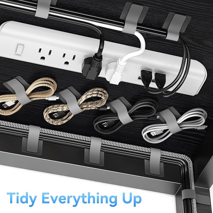 100Pcs Cable Straps Hook and Loop Cable Ties - Cable Holder for Desk Cable Management Under Desk - Computer Cord Organizer for Home Office Gaming Setup - Grey