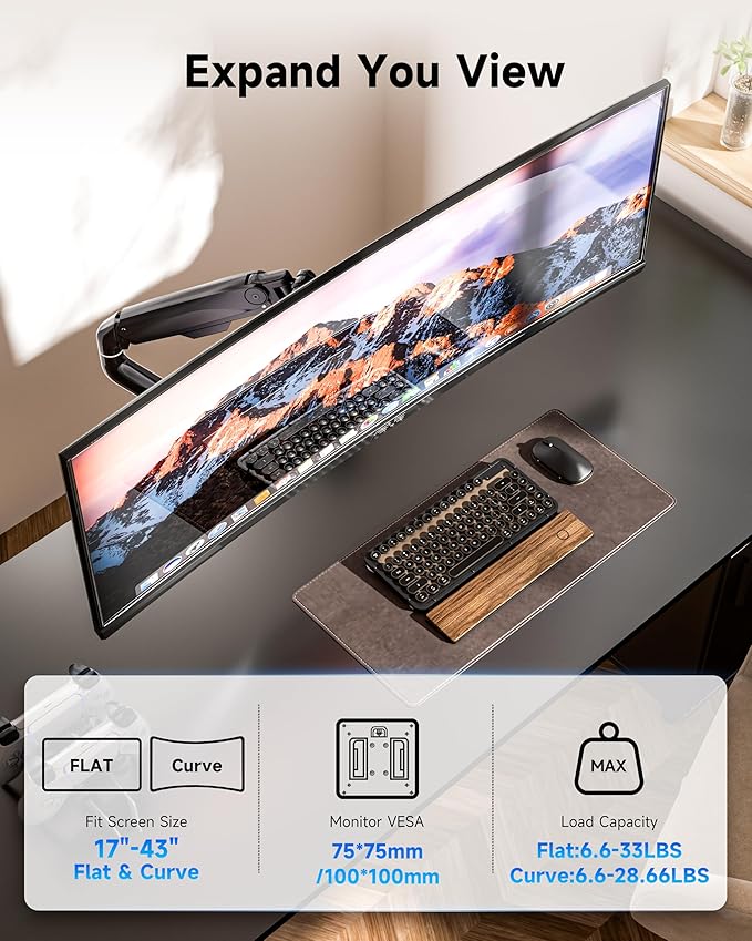 BIZUM Heavy Aluminum Monitor Stand 17 to 43 Inch Monitor Arm, Adjustable-Monitor Mount up to 33lbs with Clamp and Grommet Base, VESA 75x75/100x100mm Black