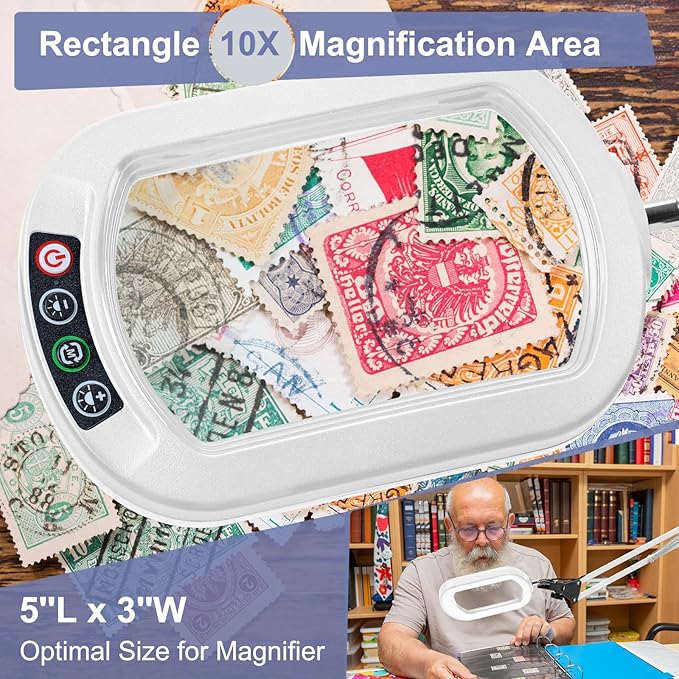 14.35" Large Magnifying Glass with Light and Clamp, Real Glass, 5 Color Modes, Stepless Dimmable, Lighted Magnifier with Stand Hands Free, LED Swing Arm Desk Lamp for Close Work, Craft, White