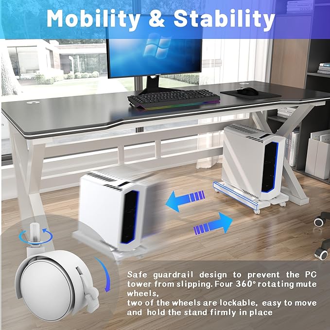 PC Stand, Mobile CPU Stand for Floor, Adjustable CPU Rolling Stand, Under Desk Computer Tower Stand, Computer Mobile Cart Holder with Locking Caster Wheels PC Tower Stand for Home and Office - White