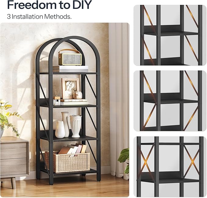 HOOBRO Bookshelf, 4-Tier Arched Bookshelf, Industrial Bookcase with Metal Frame, Small Book Shelf Storage Organizer for Living Room, Office, Bedroom, Black BB424SJ01