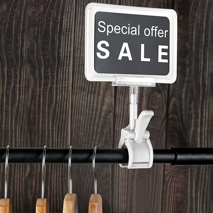 Mlici Acrylic Sign Holder with Clamp, 6 x 9 Inch Double Head Display Clips with PVC Card Protector, Rotating Sign Price Tag Clip On Sign Display for Hangrails or Tubes (Pack of 7) (White)