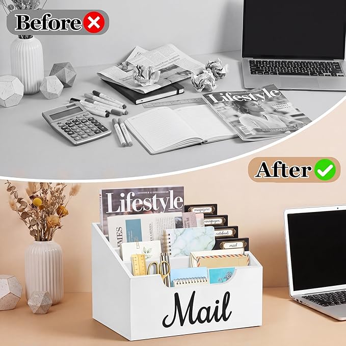Rustic Wood Mail Organizer Countertop with 4 Slots, White Mail Holder for Desk, Removable Dividers Mail Sorter, Letter Bill File Organizer for Home Office Classroom, Desktop Organizer with Free Labels