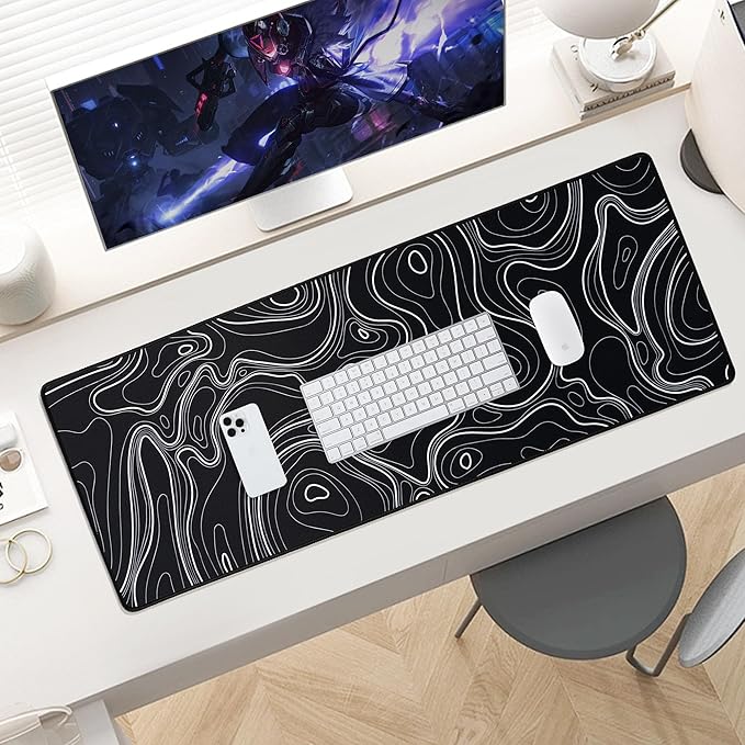 ALOANES Waterproof Mouse Pad with Durable Stitched Edge, XL Gaming Keyboard Pad, Non-Slip Rubber Base, Extended Desk pad for Gamer, Office & Home, Black Topographic Map Mousepad 35.4''x 15.7''x 0.12''