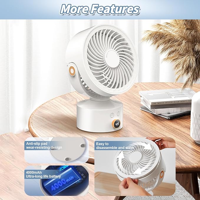 Desk Fan Small Oscillating for Bedroom, 9 Inch Quiet Desk Fan Air Circulator with 3 Speeds, 4H Timer, Rechargeable Desk Fan for Office/Dorm/Room-White