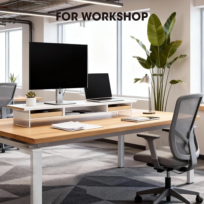 Fenge 42.5” Dual Monitor Stand with 2 Drawers, Metal Wood Monitor Riser with Acrylic Legs, 2-Tier Desktop Shelf Storage Organizer for Computer, Laptop, Printer, TV, White