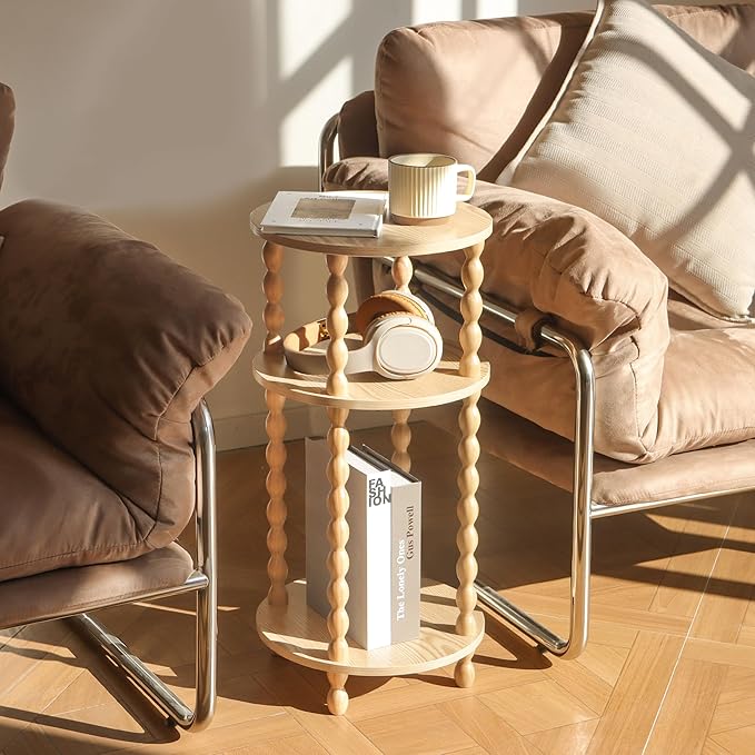 AWASEN Small End Table, 3-Tier Round Side Table for Small Spaces, Round Accent Table Nightstand for Bedroom, Living Room, Office, Natural