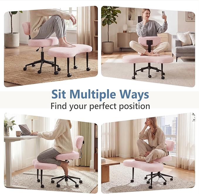 DUMOS Ergonomic ADHD Cross Legged Office Desk Chair with Adjustable Backrest, Height Adjustable Meditation Chair with 360° Swivel Footstool, Teddy Fabric Yoga Stool for Home Office, Pink