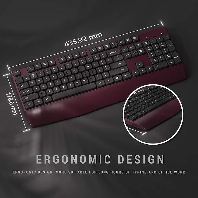 MPTOG Ergonomic Keyboard and Mouse Combo with Wrist Rest, BK Chipset, Full-Size Colorful Office Keyboard and Mouse, Power Button, USB Receiver for PC Laptop (Claret)