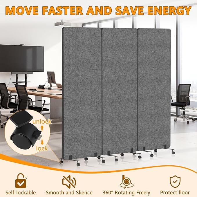 Soundproof Room Divider with Wheels, 66in Acoustic Room Divider Panel, 3 Panel Office Partition Wall for Noise Cancelling, Portable Temporary Wall Cubicle Divider (Dark Gray)