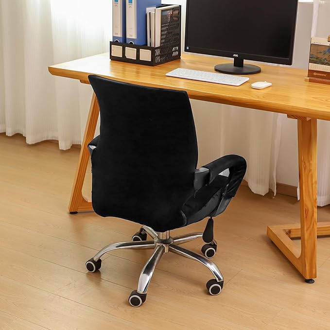 Velvet Office Chair Cover with Armrest Cover 18Inch Wide Stretch Black Small Desk Computer Chair Covers with Long Zipper Arm Slipcovers Washable