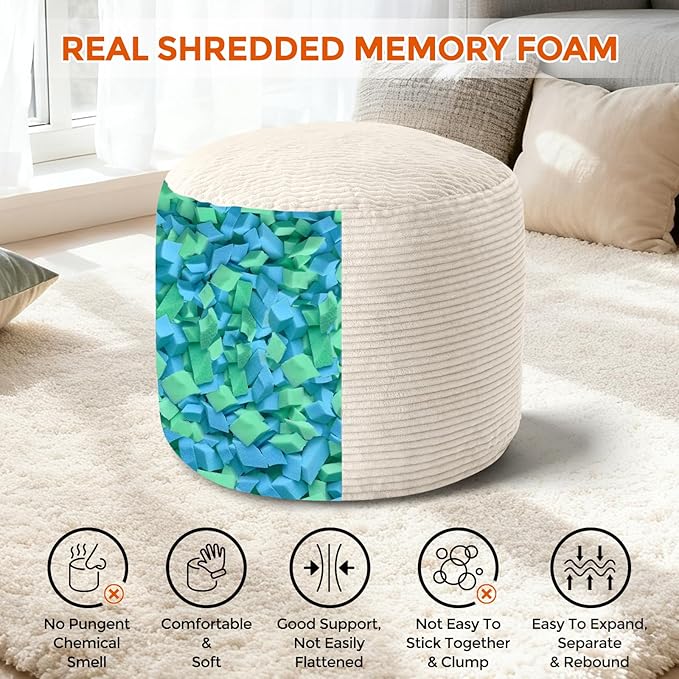 26" x 26" x 18" Pouf Ottoman Foot Rest, Pre-Stuffed Round Foot Stool with Odorless Shredded Memory Foam, Furry & Fluffy Corduroy Footrest for Living Room, Beige