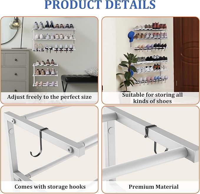 Wall Mounted Shoe Rack, 3 Tier Hanging Shoe Rack Holds 12 Pairs, 17"-30" Adjustable Heavy Duty Metal Shoe Organizer Holder with 2 Storage Hooks, Space Saving for Closet Entryway Doorway（White