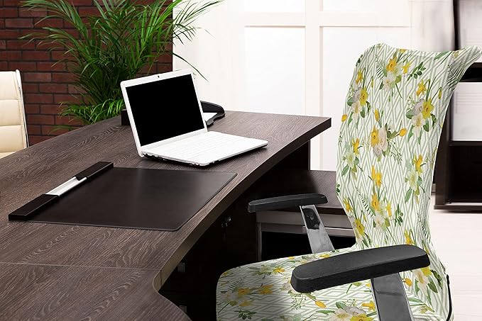 Ambesonne Watercolor Office Chair Cover, Diamond Pattern Blooming Floral Arrangement Petals and Leaves, Stretchable Decorative Universal Size High Back Printed Slipcover, Green Yellow
