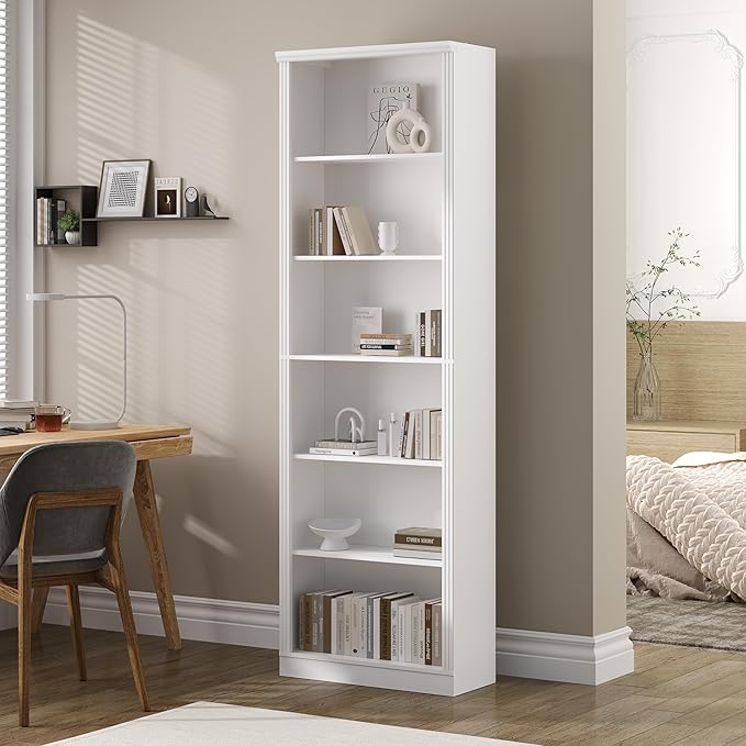 Wodeer Tall Bookshelf, 6-Tier Bookcase with 2 Adjustable Shelves, Modern Farmhouse Storage for Living Room, Entryway, Office, 23.6" W x 74.8" H x 10.6" D, White