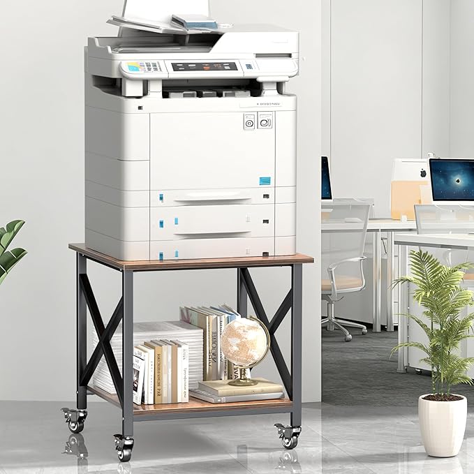 Printer Stand, 23.6 x 23.6 Inches Large Printer Stand with Storage Shelf, 2 Tier Printer Table for Home Office, Rolling Printer Cart with Industrial Wheels, Mini Fridge Stand Table, Vintage Brown