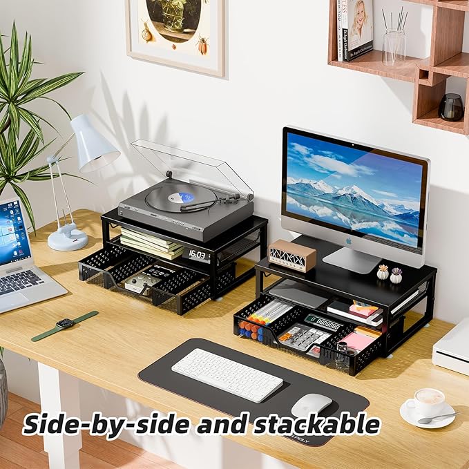 Simple Trending 2-Tier Computer Monitor Stand Riser with Drawer, Desk Organizer for Home Office, Black