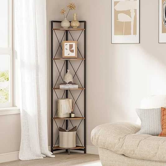 5 Tier Corner Shelf Stand, 64" H Tall Industrial Corner Bookshelf for Living Room Decor, Metal Corner Shelf, Plant Stand Display Shelf for Bedroom, Bathroom, Small Space, Rustic Brown