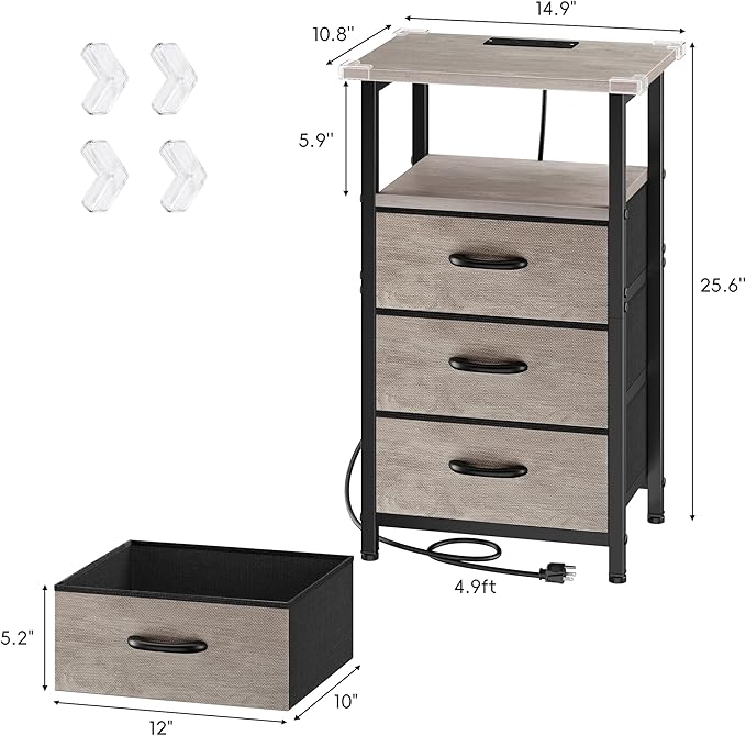 Vagusicc Night Stand Set 2 with Charging Station, LED Nightstand for Bedroom, Bedside Table with 3 Fabric Drawers, End Table Side Table with USB Ports & Outlets, Bed Side Table for Bedroom, Greige