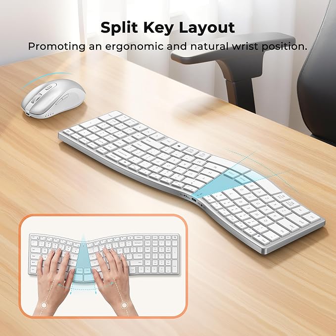 MEETION Ergonomic Keyboard and Mouse Wireless, Split S-Curve Design, 2.4G Wireless & Dual Bluetooth, Slim Low-Profile Rechargeable Full Size Keyboard, 4 DPI Mouse for Windows Mac PC Laptop, White