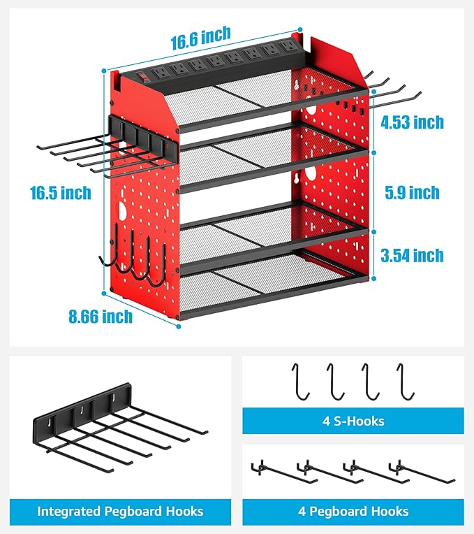 CCCEI Modular Desk Power Tools Organizer with Charging Station, 4 Layer Drills Battery Storage Wall Mount, Garage Shop Organization, Anniversary, Birthday, Gifts for Men, Father, Red, 6FT Cord.
