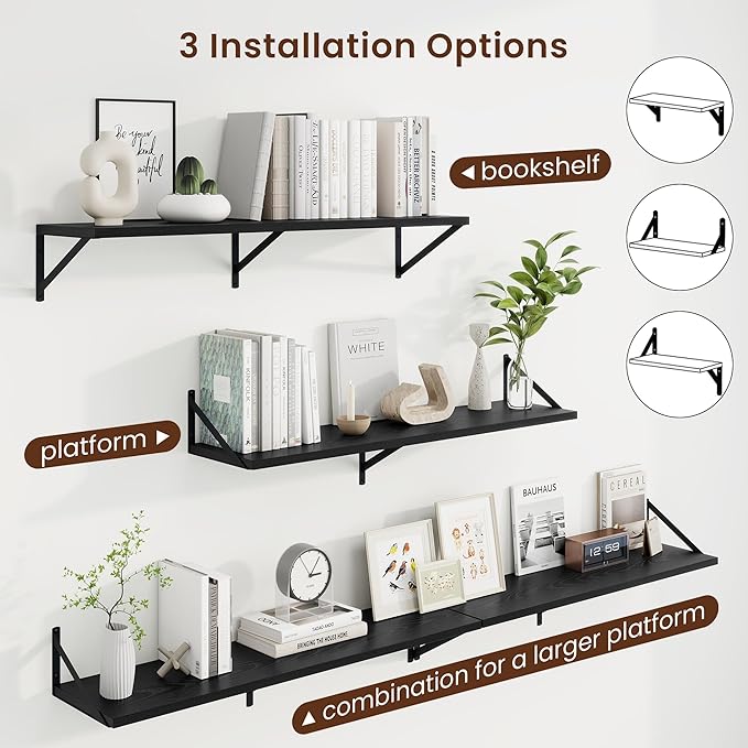 Axeman Deep Floating Shelves | 40 Inch Black Wall Shelves Set of 2 | 10 Inch Deep Rustic Wood Shelves for Wall | 40'' W x 10''D Black Shelves for Living Room Bathroom Kitchen