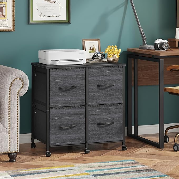 HIGDBFE 4 Drawer Lateral File Cabinet, Mobile Filing Cabinet for Large Printer, Home Office Functional Office Storage Cabinet & Printer Stand, Fits Letter/A4, Charcoal Black Print