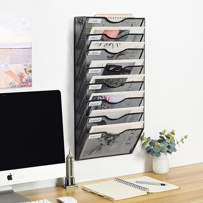 PAG Hanging Wall File Holder Organizer Mail Sorter Literature Rack for Office, 8 Pockets, Black