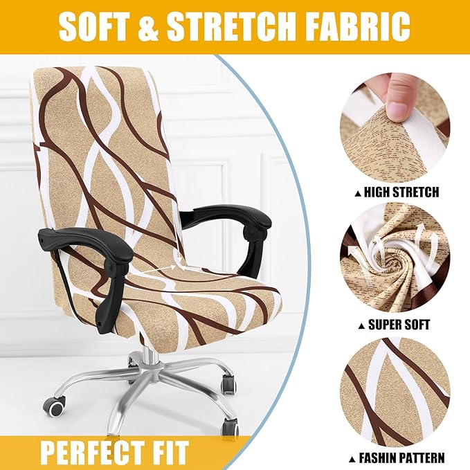 Smiry Stretch Printed Office Computer Chair Covers, Universal Desk Rotating Chair Slipcovers Removable Washable, Soft Fit Anti-Dust Spandex Protector Cover with Zipper, Khaki and White