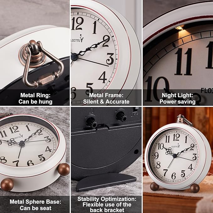 FLOITTUY 4.5" Battery Operated Antique Retro Analog Metal Alarm Clock, Silent Bedside Desk Clock, Wall-Hanging Vintage Clock(Vintage White)