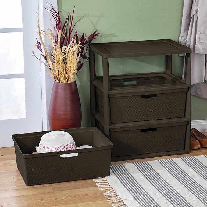 Brown Storage Drawer, 3 Drawer Plastic Weave Wide Tower with Pull Handles