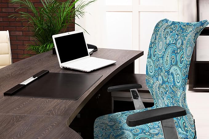 Ambesonne Blue Paisley Office Chair Cover, Folk Ornament Flower Like Elements Buta Motifs Illustration Print, Stretchable Decorative Universal Size High Back Printed Slipcover, Blue Green