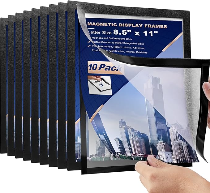 10 Pcs Magnetic Signs Holder for 8.5" x 11" Letter, Sturdy PVC Document Holder, Picture Poster Frame, Self-Adhesive for Wall/Door/Window or Magnetic for Refrigerator