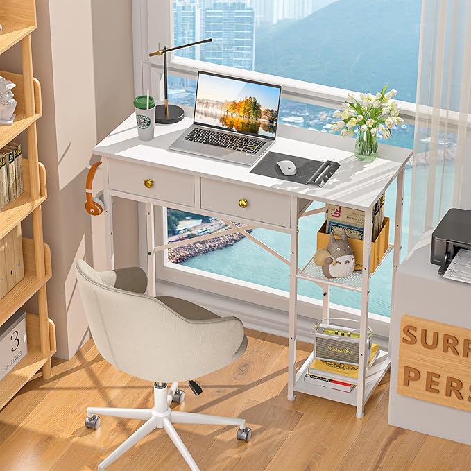 DAOUTIME White Computer Desk, 36 Inch Small Desk with Drawers, Home Office Desk with Storage Shelves for Bedroom, Living Room, Dorm, Vanity Desk for Small Spaces, White